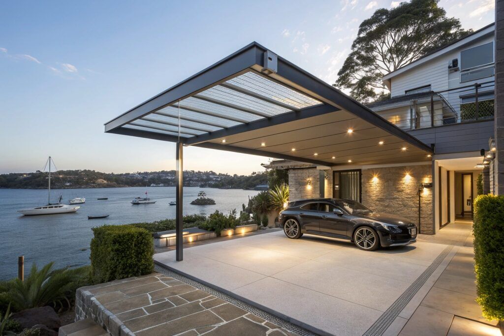 Premium carports, Belgian Gardens luxury waterfront home installation